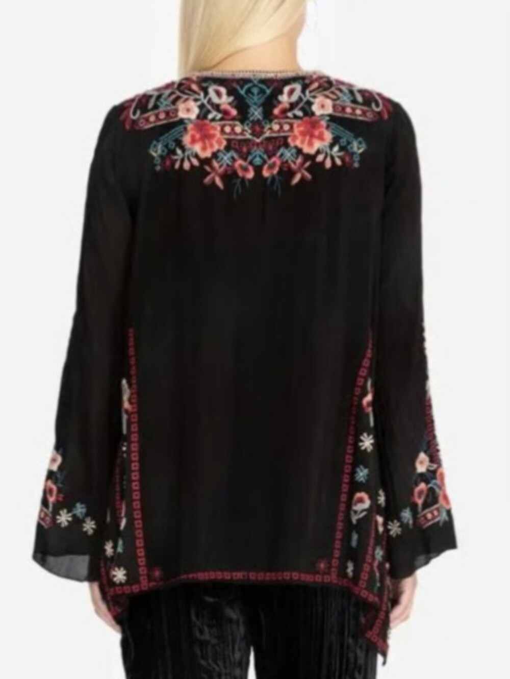 Johnny Was Black Floral Embroidered Tunic with Multicolor Stitching - Picture 4 of 7